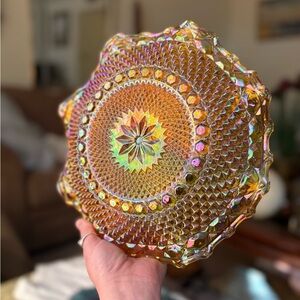 Vintage Indiana Glass Company Iridescent orange starburst glass plate